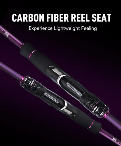Carbon fiber reel seat and black grip sleeves on a purple-and-black squid fishing rod