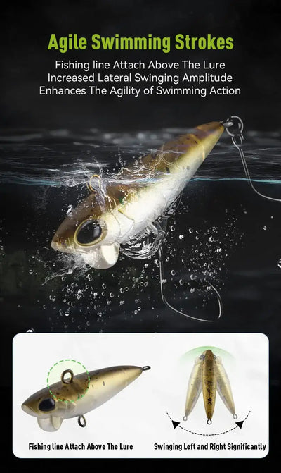 Pencil swimbait lure with hook and splash action, with two lure angles shown