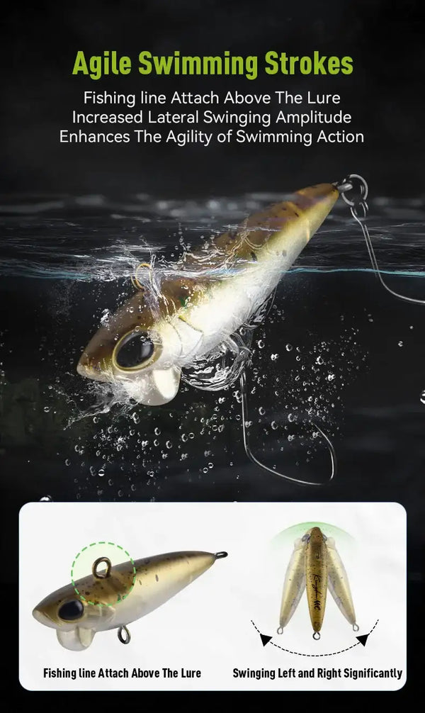Pencil swimbait lure with hook and splash action, with two lure angles shown