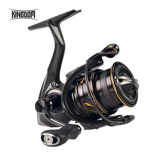 Black baitcasting-style spinning reel with gold accents and spare spool, side view