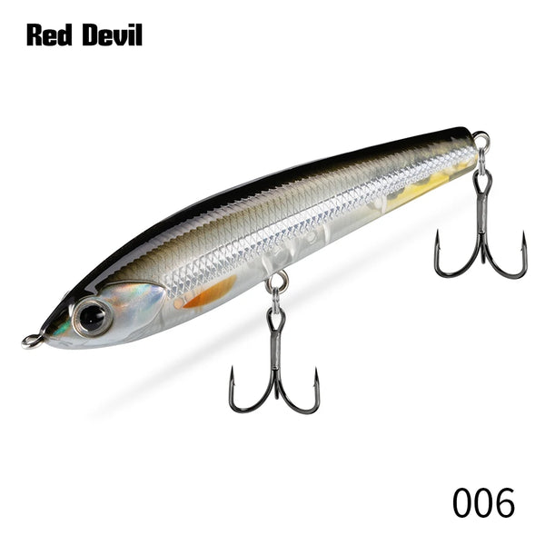 Topwater pencil fishing lure, silver with dark top and multiple treble hooks.