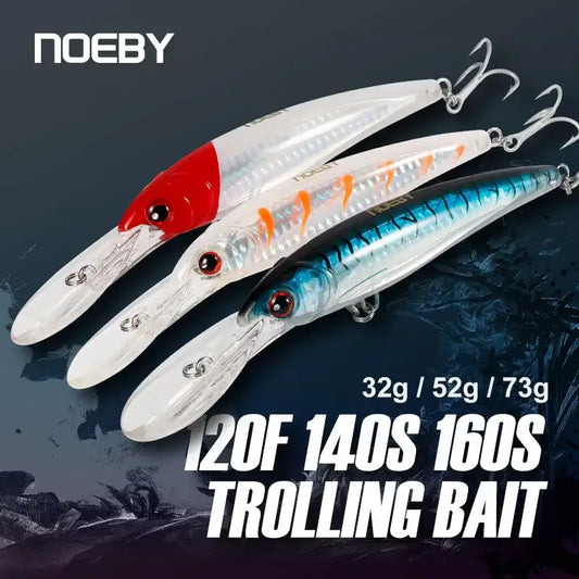 Saltwater trolling minnow wobblers, 3-pack with treble hooks; red, white, blue patterns