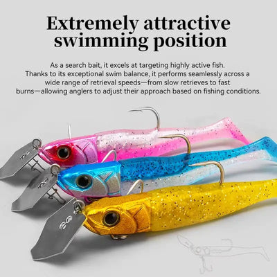 TSURINOYA FLUTTER T-tail lure set, pink, blue and yellow with treble hooks