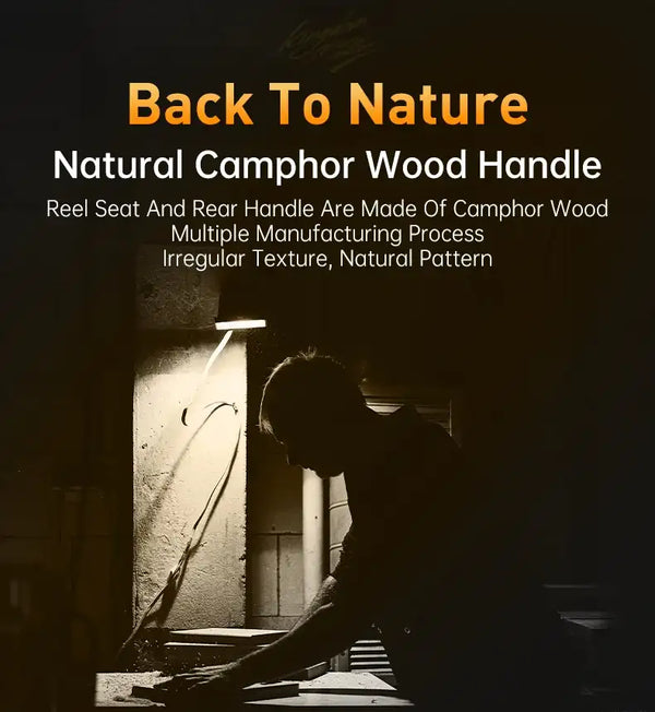 Fishing rod with camphor-wood style handle and reel seat, natural wood finish