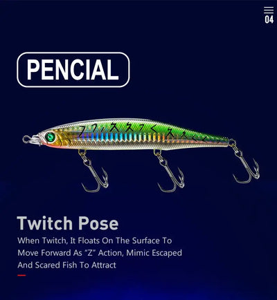Floating pencil minnow lure in green with treble hooks