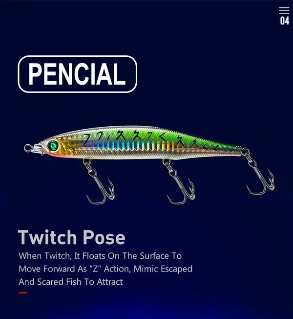 Floating pencil minnow lure in green with treble hooks