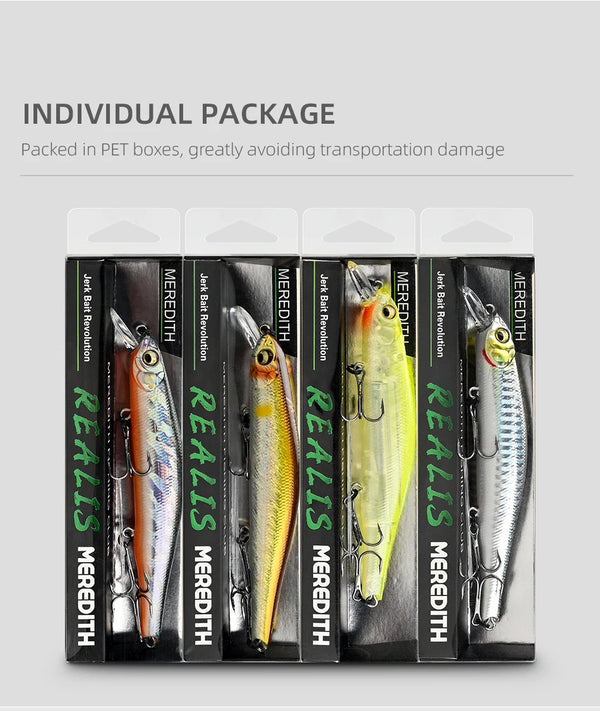 Set of minnow fishing lures in individual PET boxes with MEREDITH labels