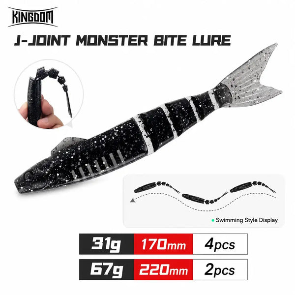 Jointed soft swimbait lure, black with white stripes and speckles, gray fin tail.