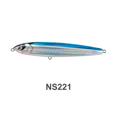Teal-blue hard stickbait with 3D eye and metal rings, NS221.
