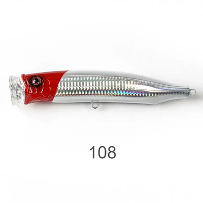 Red-head topwater wobbler fishing lure with chrome silver body and small lure eye
