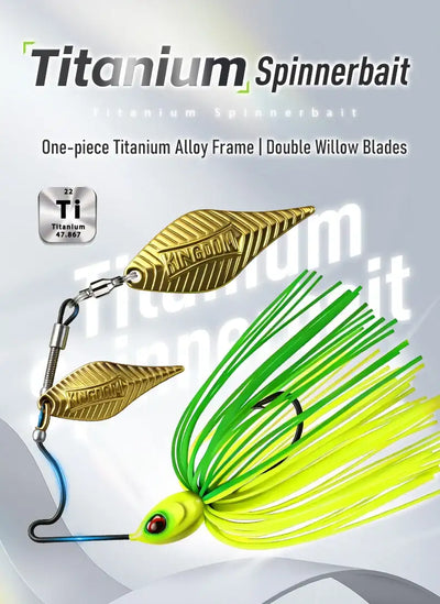 Green-and-yellow skirted double-willow spinnerbait lure with gold metal blades