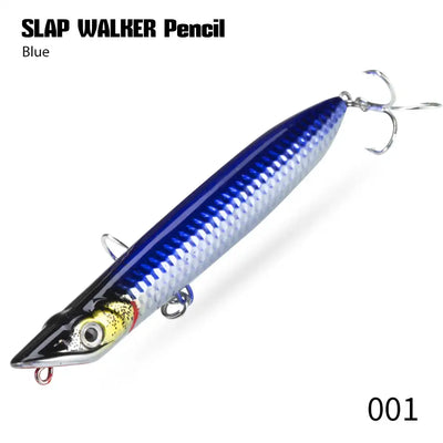 Blue pencil topwater fishing lure with treble hooks and silver stripe detail