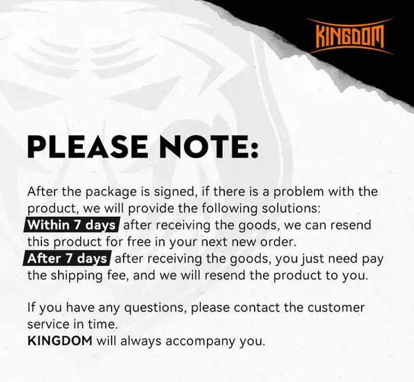 Fishing rod shipping and refund instructions note text on packaging