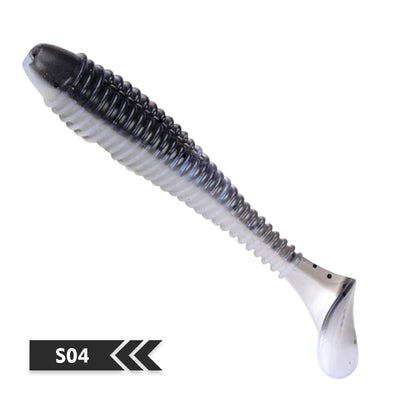 Soft silicone fishing lure, black and white, T-tail swimbait style, S04 color