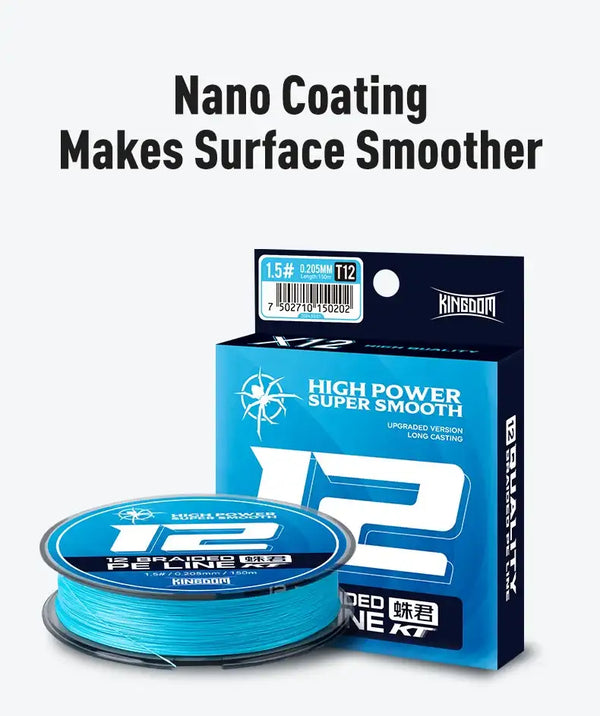 Blue PE braided fishing line spool and box featuring nano coating label