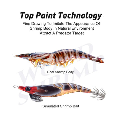 Blue-brown shrimp-style squid jig with red head and trailing metal skirt hooks