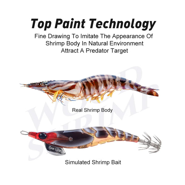 Blue-brown shrimp-style squid jig with red head and trailing metal skirt hooks