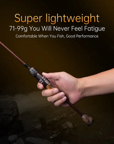 Lightweight fishing rod with camouflage handle and reel seat held in a hand