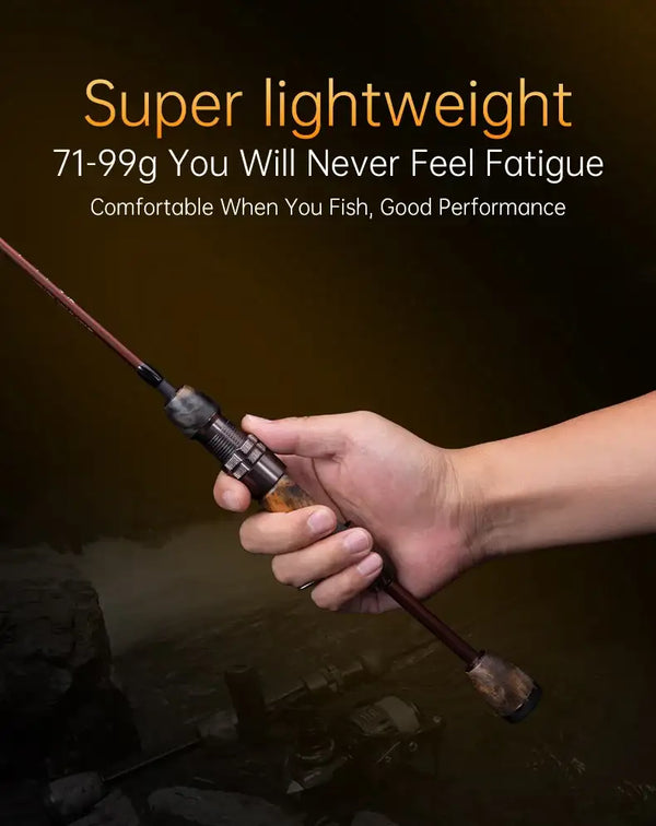 Lightweight fishing rod with camouflage handle and reel seat held in a hand