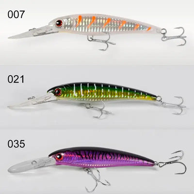 Trolling minnow wobbler 3-pack with silver-orange, dark green, and purple lures