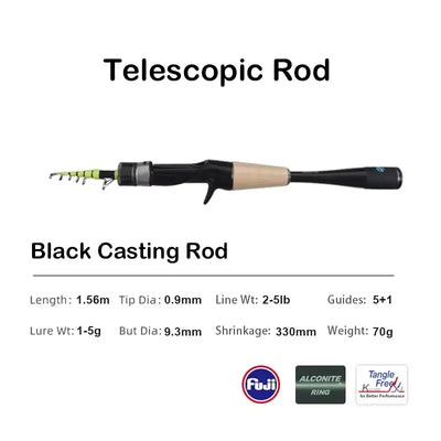 Black casting telescopic fishing rod with cream handle and line guides