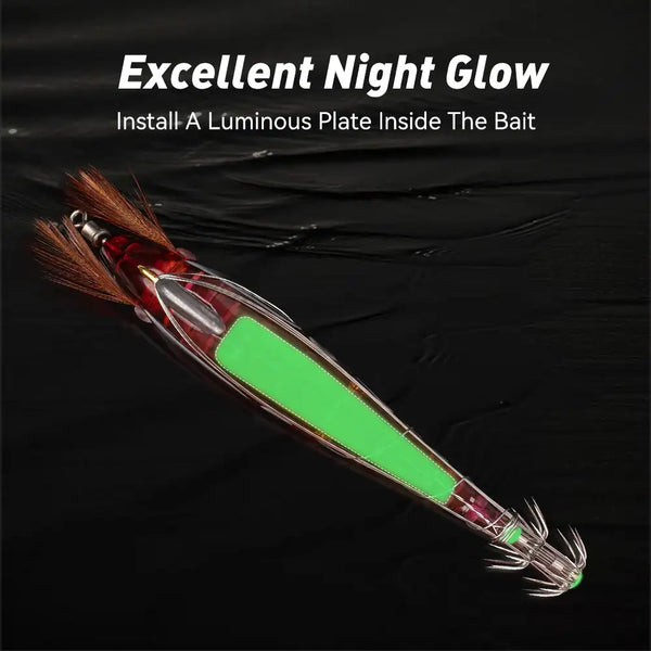 Green luminous sinking squid jig lure with red-brown head and multi-hook tentacles
