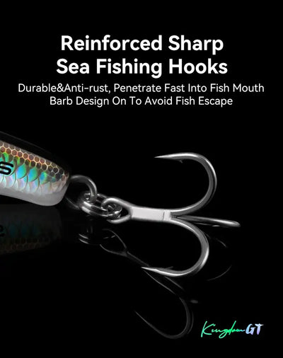 Pencil fishing lure with reinforced sharp sea fishing treble hooks and split rings