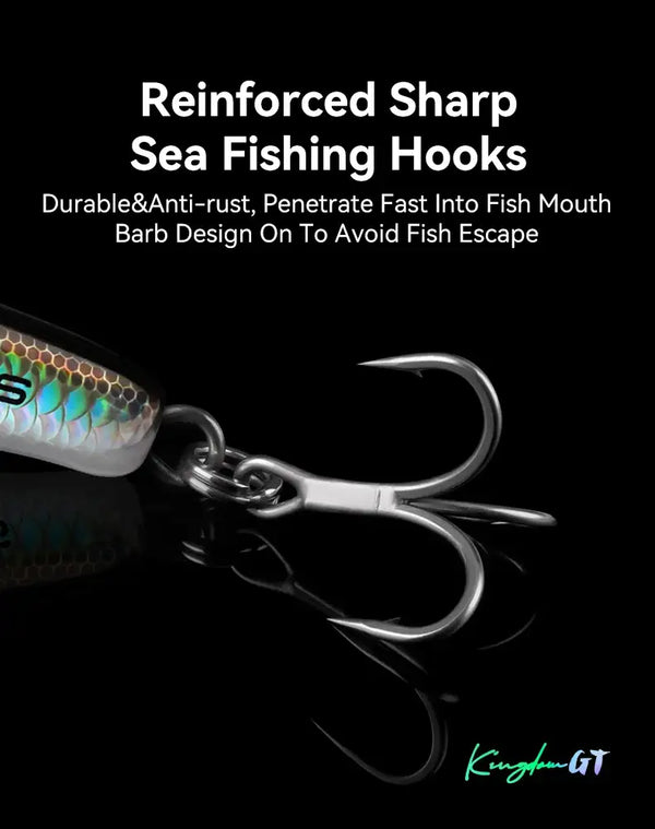 Pencil fishing lure with reinforced sharp sea fishing treble hooks and split rings
