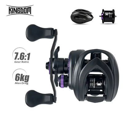 Black baitcasting fishing reel with purple accents and dual casting handles