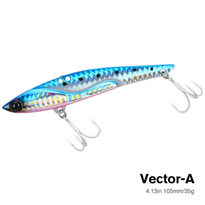 Metal vibration fishing hard bait lure, blue shad pattern with black eye and three treble hooks.