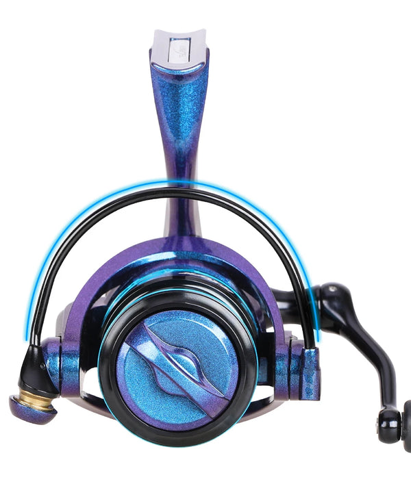 Blue and purple spinning reel with large spool and anti-reverse bail arm