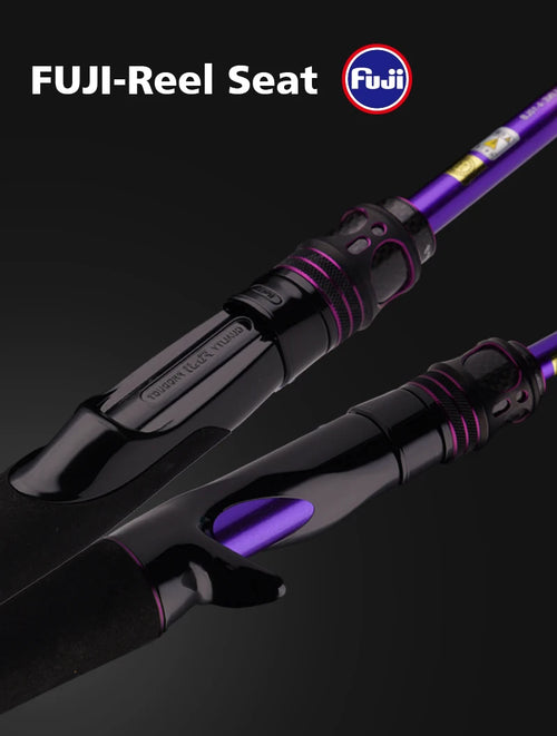 Purple-and-black fishing rod with FUJI reel seat and black EVA grip