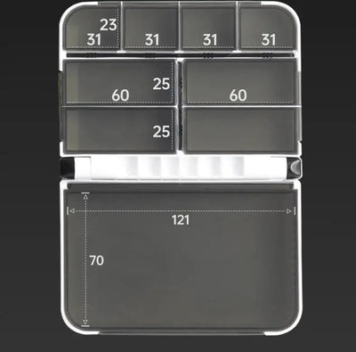 White tackle box with multi-compartment lid and gray interior inserts