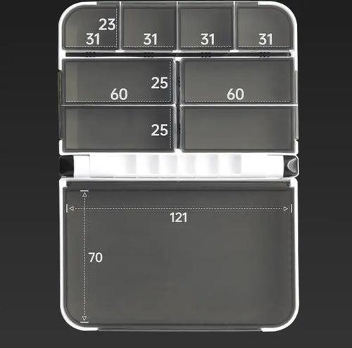 White tackle box with multi-compartment lid and gray interior inserts