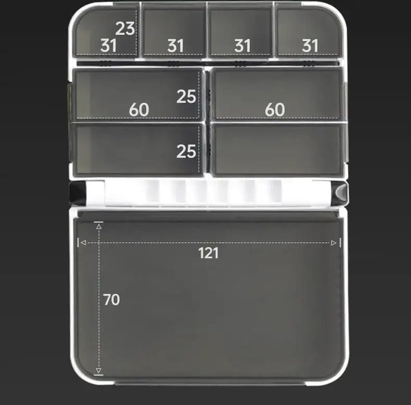 White tackle box with multi-compartment lid and gray interior inserts