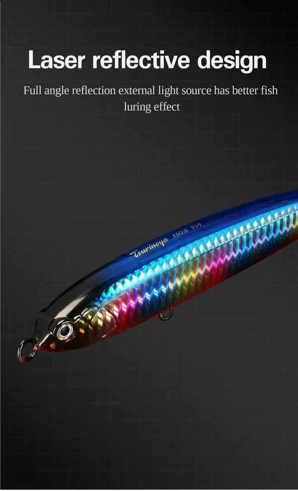Laser reflective sinking pencil lure with iridescent blue-pink scales