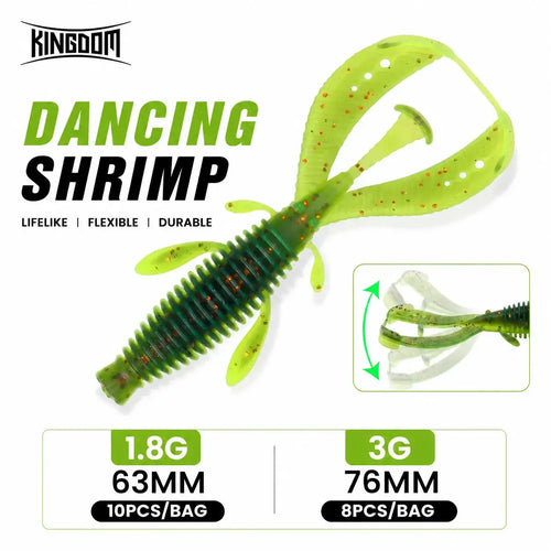 Lime green soft shrimp fishing lure with red speckles and flexible side legs