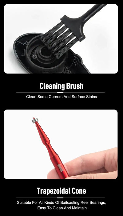 Reel cleaning brush and trapezoid cone tool for removing dirt from bearing areas