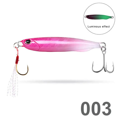 Hunthouse metal pencil jig 003: pink glossy body, luminous detail, skirt, double hooks