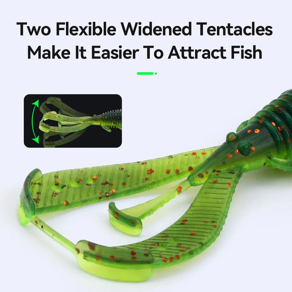 Translucent green shrimp-shaped soft lure with two wide tentacles and red dot specks