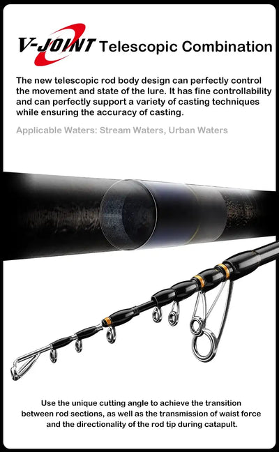 Black telescopic fishing rod with multi-ring guides and V-JOINT control section