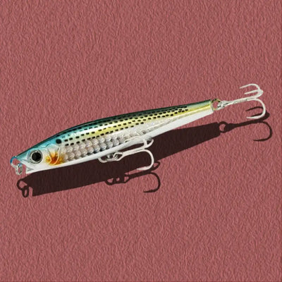 White and green striped lipless minnow sinking lure with speckled scales and treble hooks