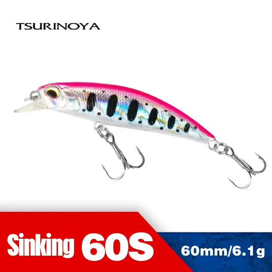 Pink and silver sinking minnow crankbait with black spot pattern and treble hooks