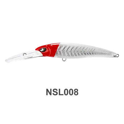 Deep diver trolling minnow lure, red head and silver body with clear diving lip