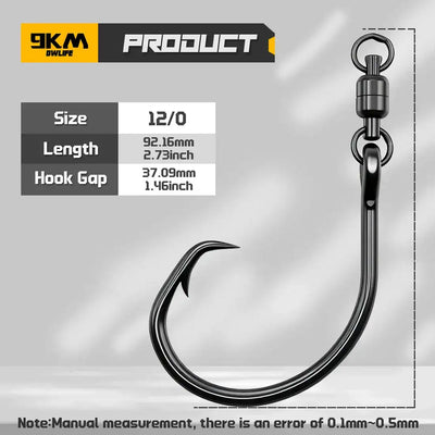 Circle fishing hook with swivel, black high-carbon steel, 12/0 size