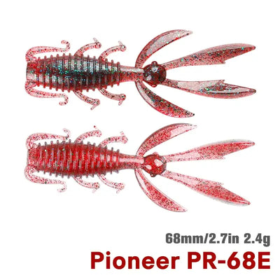 Red glitter soft plastic shrimp lure with twin fin tails, 68mm size, 2.4g weight