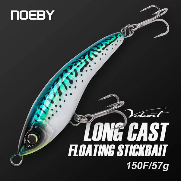 Floating stickbait lure, turquoise-and-white body with speckles and silver treble hooks