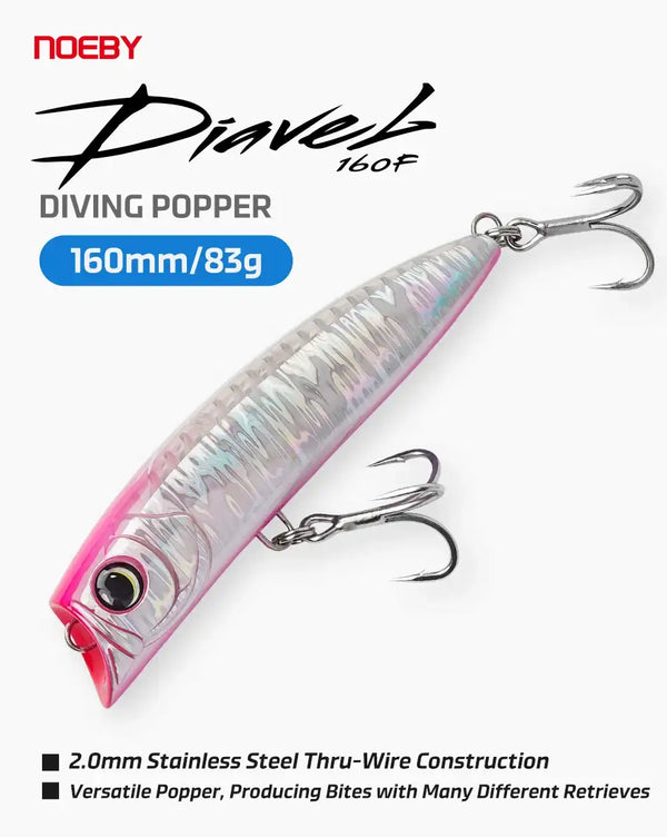 Pink silver diving popper fishing lure, 160mm/83g, with chrome treble hooks