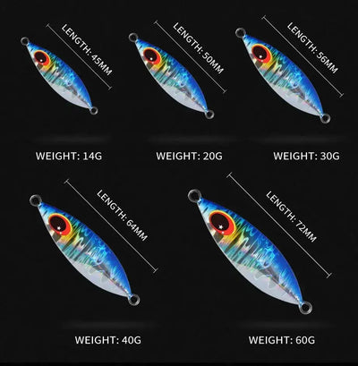 Assorted blue metal fishing jigs with red eye, silver body, split-ring hooks, different sizes