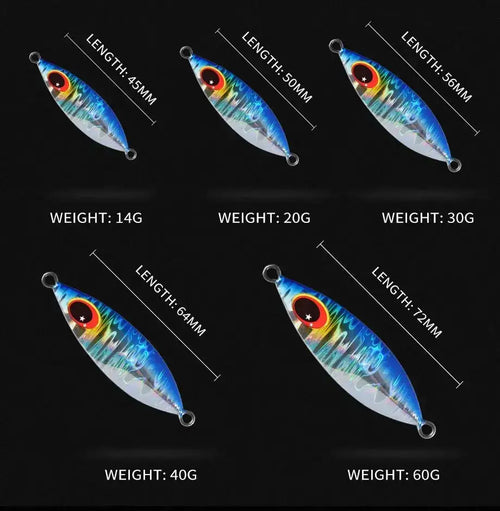 Assorted blue metal fishing jigs with red eye, silver body, split-ring hooks, different sizes